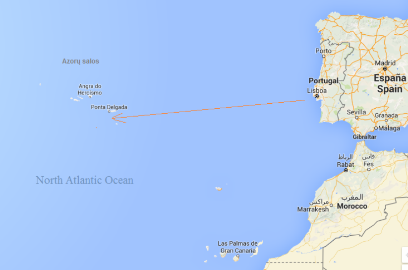 Skrydis lėktuvu iš Lisabonos iki Ponta Delgada  trunka 2 val 10 min